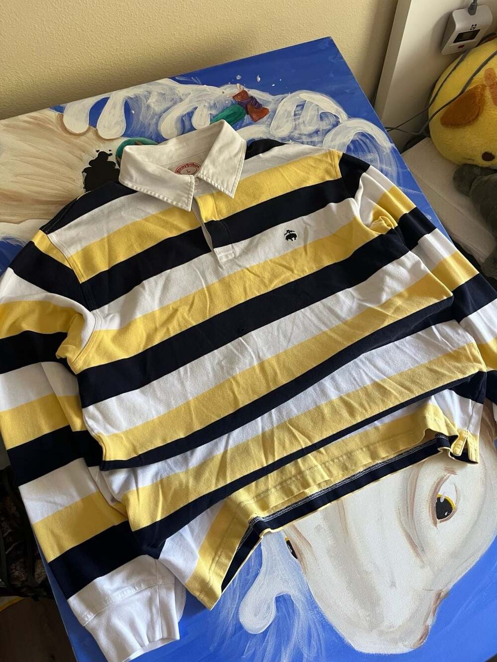 Brooks Brothers Est. 1818 Rugby Shirt Yellow Navy Striped Size L